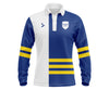 Custom yellow and blue long-sleeve school leaver with white accents